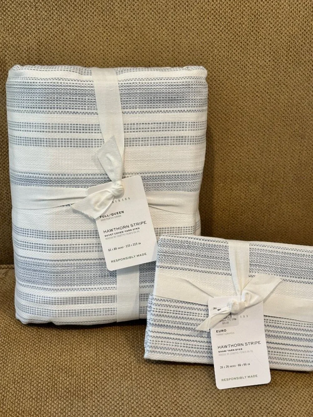 Pottery Barn Hawthorn Stripe Full/ Queen Duvet + 1 EURO Sham NEW w/tags BLUE